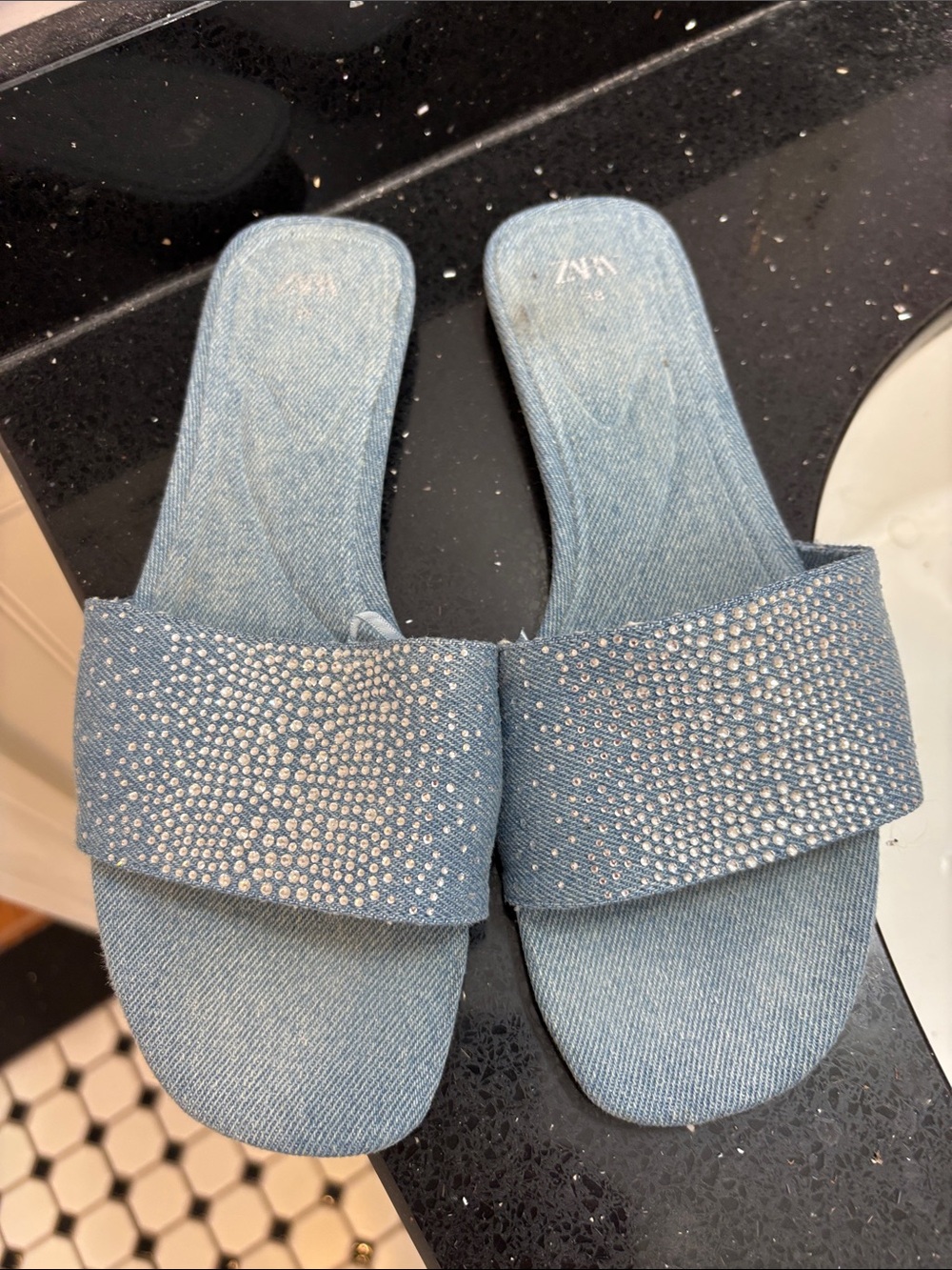 Zara Light Blue Denim Crystal Slide Mules